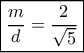 \boxed{\frac{m}{d} = \frac{2}{{\sqrt 5 }}} \boxed{\frac{m}{d} = \frac{2}{{\sqrt 5 }}}