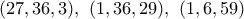 {(27,36,3),~(1,36,29),~(1,6,59) {(27,36,3),~(1,36,29),~(1,6,59)