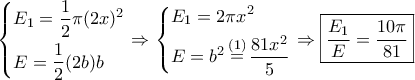 \left\{ \begin{gathered}
{E_1} = \frac{1}{2}\pi {(2x)^2} \hfill \\
E = \frac{1}{2}(2b)b \hfill \\
\end{gathered} \right. \Rightarrow \left\{ \begin{gathered}
{E_1} = 2\pi {x^2} \hfill \\
E = {b^2}\mathop = \limits^{(1)} \frac{{81{x^2}}}{5} \hfill \\
\end{gathered} \right. \Rightarrow \boxed{\frac{{{E_1}}}{E} = \frac{{10\pi }}{{81}}} \left\{ \begin{gathered}
{E_1} = \frac{1}{2}\pi {(2x)^2} \hfill \\
E = \frac{1}{2}(2b)b \hfill \\
\end{gathered} \right. \Rightarrow \left\{ \begin{gathered}
{E_1} = 2\pi {x^2} \hfill \\
E = {b^2}\mathop = \limits^{(1)} \frac{{81{x^2}}}{5} \hfill \\
\end{gathered} \right. \Rightarrow \boxed{\frac{{{E_1}}}{E} = \frac{{10\pi }}{{81}}}