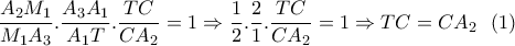 \displaystyle \frac{A_2M_1}{M_1A_3}.\frac{A_3A_1}{A_1T}.\frac{TC}{CA_2}=1\Rightarrow \frac{1}{2}.\frac{2}{1}.\frac{TC}{CA_2}=1\Rightarrow TC=CA_2 \ \ (1)