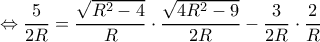  \displaystyle  \Leftrightarrow \frac{5}{{2R}} = \frac{{\sqrt {{R^2} - 4} }}{R} \cdot \frac{{\sqrt {4{R^2} - 9} }}{{2R}} - \frac{3}{{2R}} \cdot \frac{2}{R}