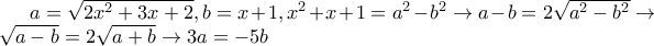 a=\sqrt{2x^2+3x+2}, b=x+1, x^2+x+1=a^2-b^2 \rightarrow a-b=2\sqrt{a^2-b^2} \rightarrow \sqrt{a-b}=2\sqrt{a+b} \rightarrow 3a =-5b