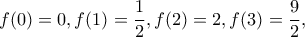 f(0)=0, f(1)=\dfrac{1}{2}, f(2)=2, f(3)=\dfrac{9}{2}, 