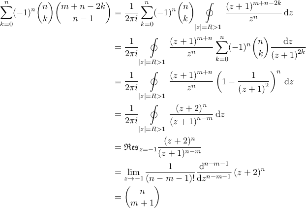 \displaystyle{\begin{aligned} 
\sum_{k=0}^{n} (-1)^n \binom{n}{k} \binom{m+n-2k}{n-1} &= \frac{1}{2\pi i} \sum_{k=0}^{n} (-1)^n \binom{n}{k} \oint \limits_{\left | z \right |=R>1} \frac{\left ( z+1 \right )^{m+n-2k}}{z^n}\, \mathrm{d}z \\  
&= \frac{1}{2\pi i }\oint \limits_{\left | z \right |=R>1} \frac{\left ( z+1 \right )^{m+n}}{z^n} \sum_{k=0}^{n} (-1)^n \binom{n}{k} \frac{\mathrm{d}z}{\left ( z+1 \right )^{2k}} \\  
&=\frac{1}{2\pi i } \oint \limits_{\left | z \right |=R>1} \frac{\left ( z+1 \right )^{m+n}}{z^n} \left ( 1 - \frac{1}{\left ( z+1 \right )^2} \right )^n \,\mathrm{d}z \\  
&= \frac{1}{2\pi i} \oint \limits_{\left | z \right |=R>1} \frac{\left ( z+2 \right )^n}{\left ( z+1 \right )^{n-m}}\, \mathrm{d}z \\ 
&= \mathfrak{Res}_{z =-1} \frac{(z+2)^n}{(z+1)^{n-m}} \\ 
&= \lim_{z\rightarrow -1} \frac{1}{(n-m-1)!} \frac{\mathrm{d}^{n-m-1} }{\mathrm{d}z^{n-m-1}} \left ( z+2 \right )^n \\ 
&= \binom{n}{m+1} 
\end{aligned}}