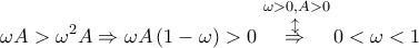 \displaystyle{\omega A>{{\omega }^{2}}A\Rightarrow\omega A\left( 1-\omega  \right)>0~\overset{\omega >0,A>0}{\mathop{\overset{\updownarrow }{\mathop{\Rightarrow }}\,}}\,0<\omega <1}