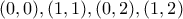 (0,0),(1,1),(0,2),(1,2)