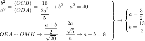 \displaystyle{
\left.
\begin{aligned}
& \dfrac{b^2}{a^2} = \dfrac{(OCB)}{(ODA)} = \dfrac{16}{\dfrac{2a^2}{5}} \rightarrow b^2 - a^2 = 40 \cr
& OEA \sim OMK \rightarrow \dfrac{\dfrac{a+b}{2}}{\sqrt{20}} = \dfrac{\dfrac{2a}{\sqrt{5}}}{a} \rightarrow a+b = 8 \cr
\end{aligned}
\right\} \rightarrow
\left\{
\begin{aligned}
& a = \dfrac{3}{2} \cr
& b = \dfrac{13}{2} \cr
\end{aligned}
\right.
} \displaystyle{
\left.
\begin{aligned}
& \dfrac{b^2}{a^2} = \dfrac{(OCB)}{(ODA)} = \dfrac{16}{\dfrac{2a^2}{5}} \rightarrow b^2 - a^2 = 40 \cr
& OEA \sim OMK \rightarrow \dfrac{\dfrac{a+b}{2}}{\sqrt{20}} = \dfrac{\dfrac{2a}{\sqrt{5}}}{a} \rightarrow a+b = 8 \cr
\end{aligned}
\right\} \rightarrow
\left\{
\begin{aligned}
& a = \dfrac{3}{2} \cr
& b = \dfrac{13}{2} \cr
\end{aligned}
\right.
}