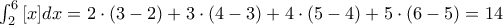 \int_{2}^{6}{[x]dx}=2\cdot (3-2)+3\cdot (4-3)+4\cdot (5-4)+5\cdot (6-5)=14