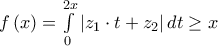 f\left( x \right) = \int\limits_0^{2x} {\left| {{z_1} \cdot t + {z_2}} \right|dt} \ge x f\left( x \right) = \int\limits_0^{2x} {\left| {{z_1} \cdot t + {z_2}} \right|dt} \ge x