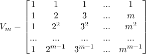 V_{m}=\begin{bmatrix} 
1 &1  &1  & ... &1  \\ 
1 &2  &3  & ...&m  \\ 
1 &2^2  &3^2  &...  &m^2  \\ 
... & ... & ... &  ...& ... \\ 
1 &2^{m-1}  & 3^{m-1} &...  &m^{m-1}  
\end{bmatrix}