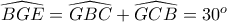 \widehat{BGE}=\widehat{GBC}+\widehat{GCB}=30^o