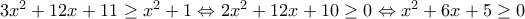 3x^2+12x+11\geq x^2+1\Leftrightarrow 2x^2+12x+10\geq 0\Leftrightarrow x^2+6x+5\geq 0