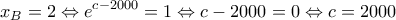 \displaystyle{x_{B}=2\Leftrightarrow e^{c-2000}=1\Leftrightarrow c-2000=0\Leftrightarrow c=2000}