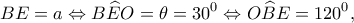 \displaystyle BE = a \Leftrightarrow B\widehat EO = \theta  = {30^0} \Leftrightarrow O\widehat BE = {120^0},