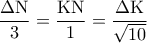 \displaystyle 
\frac{{\Delta {\rm N}}}{3} = \frac{{{\rm K}{\rm N}}}{1} = \frac{{\Delta {\rm K}}}{{\sqrt {10} }}
