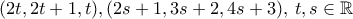(2t,2t+1,t), (2s+1,3s+2,4s+3), \, t,s\in \mathbb R