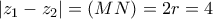 |z_1-z_2|=(MN)=2r=4
