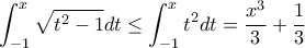 \displaystyle \int_{-1}^{x}{\sqrt{t^2-1}dt} \leq \int_{-1}^{x}{t^2dt}=\frac{x^3}{3}+\frac{1}{3}