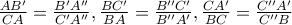 \frac{AB'}{CA}=\frac{B'A''}{C'A''},\frac{BC'}{BA}=\frac{B''C'}{B''A'},\frac{CA'}{BC}=\frac{C''A'}{C''B}