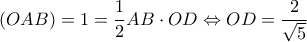\displaystyle (OAB) = 1 = \frac{1}{2}AB\cdot OD \Leftrightarrow OD = \frac{2}{{\sqrt 5 }}