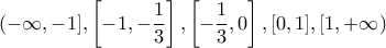 (-\infty,-1],\displaystyle{\left[-1,-\frac{1}{3} \right],\left[-\frac{1}{3},0 \right],[0,1],[1,+\infty)}