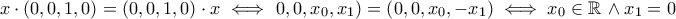\displaystyle{x\cdot \left(0,0,1,0\right)=\left(0,0,1,0\right)\cdot x\iff \left\(0,0,x_0,x_1\right)=\left(0,0,x_0,-x_1\right)\iff x_0\in\mathbb{R}\,\land x_1=0}