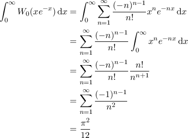 \displaystyle{\begin{aligned}  
\int_{0}^{\infty} W_0(xe^{-x}) \, \mathrm{d}x &= \int_{0}^{\infty} \sum_{n=1}^{\infty} \frac{(-n)^{n-1}}{n!} x^n e^{-nx} \, \mathrm{d}x \\  
&= \sum_{n=1}^{\infty} \frac{(-n)^{n-1}}{n!} \int_{0}^{\infty} x^n e^{-n x} \, \mathrm{d}x \\  
&= \sum_{n=1}^{\infty} \frac{(-n)^{n-1}}{n!} \frac{n!}{n^{n+1}} \\ &= \sum_{n=1}^{\infty} \frac{(-1)^{n-1}}{n^2} \\  
&= \frac{\pi^2}{12}  
\end{aligned}}