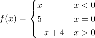 f(x)=\begin{cases} 
x &x < 0\\ 
5 &x=0\\ 
-x+4 &x>0 
\end{cases}
