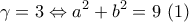 \displaystyle{\gamma=3\Leftrightarrow a^2+b^2=9~(1)}