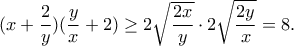 \displaystyle{(x+\frac{2}{y})(\frac{y}{x}+2)\geq 2\sqrt{\frac{2x}{y}}\cdot 2\sqrt{\frac{2y}{x}}=8.} \displaystyle{(x+\frac{2}{y})(\frac{y}{x}+2)\geq 2\sqrt{\frac{2x}{y}}\cdot 2\sqrt{\frac{2y}{x}}=8.}