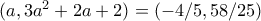 (a,3a^2+2a+2)= (-4/5, 58/25) (a,3a^2+2a+2)= (-4/5, 58/25)