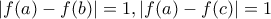 |f(a) - f(b)| = 1 , |f(a) - f(c)| = 1