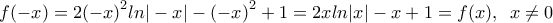 f(-x)=2{{(-x)}^{2}}ln|-x|-{{(-x)}^{2}}+1=2xln|x|-x+1=f(x),\,\,\,x\ne 0