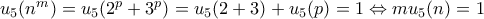 u_5(n^m)=u_5(2^p+3^p)=u_5(2+3)+u_5(p)=1\Leftrightarrow mu_5(n)=1 u_5(n^m)=u_5(2^p+3^p)=u_5(2+3)+u_5(p)=1\Leftrightarrow mu_5(n)=1