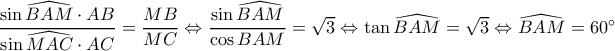 \dfrac{\sin \widehat{BAM}\cdot AB}{\sin \widehat{MAC}\cdot AC}=\dfrac{MB}{MC}\Leftrightarrow \dfrac{\sin \widehat{BAM}}{\cos BAM}=\sqrt{3}\Leftrightarrow \tan \widehat{BAM}=\sqrt{3}\Leftrightarrow \widehat{BAM}=60^{\circ}