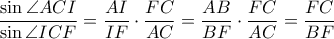 \displaystyle \frac{\sin \angle ACI}{\sin \angle ICF}=\frac{AI}{IF}\cdot \frac{FC}{AC}=\frac{AB}{BF}\cdot \frac{FC}{AC}=\frac{FC}{BF}