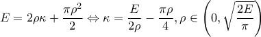 \displaystyle{E=2\rho\kappa+\frac{\pi\rho^2}{2} \Leftrightarrow \kappa =\frac{E}{2\rho}-\frac{\pi\rho}{4}, \rho \in \left(0, \sqrt{\frac{2E}{\pi}} \right)}}