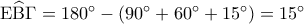 {\rm E}\widehat {\rm B}\Gamma  = {180^ \circ } - ({90^ \circ } + {60^ \circ } + {15^ \circ }) = {15^ \circ }