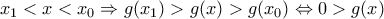 {{x}_{1}}<x<{{x}_{0}}\Rightarrow g({{x}_{1}})>g(x)>g({{x}_{0}})\Leftrightarrow 0>g(x)