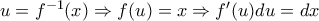 u=f^{-1}(x)\Rightarrow f(u)=x \Rightarrow f'(u)du=dx