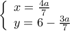  \displaystyle  \left\{ \begin{array}{l} 
x = \frac{{4a}}{7}\\ 
y = 6 - \frac{{3a}}{7} 
\end{array} \right.