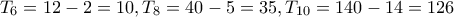 T_6 = 12-2=10, T_8 = 40 - 5 = 35, T_{10} = 140-14 = 126