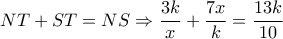 NT + ST = NS \Rightarrow \dfrac{{3k}}{x} + \dfrac{{7x}}{k} = \dfrac{{13k}}{{10}}
