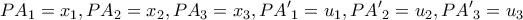 \displaystyle{ 
PA_1  = x_1 ,PA_2  = x_2 ,PA_3  = x_3 ,PA{'}_1  = u_1 ,PA{'}_2  = u_2 ,PA{'}_3  = u_3  
}