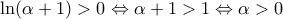 \ln (\alpha +1)>0\Leftrightarrow \alpha +1>1\Leftrightarrow \alpha >0