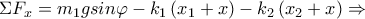 \Sigma {{F}_{x}}={{m}_{1}}gsin\varphi -{{k}_{1}}\left( {{x}_{1}}+x \right)-{{k}_{2}}\left( {{x}_{2}}+x \right)\Rightarrow