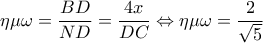 \displaystyle{\eta \mu \omega  = \frac{{BD}}{{ND}} = \frac{{4x}}{{DC}} \Leftrightarrow \eta \mu \omega  = \frac{2}{{\sqrt 5 }}}
