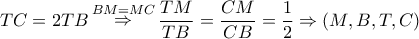 TC = 2TB\mathop  \Rightarrow \limits^{BM = MC} \displaystyle\frac{{TM}}{{TB}} = \displaystyle\frac{{CM}}{{CB}} = \displaystyle\frac{1}{2} \Rightarrow \left( {M,B,T,C} \right)