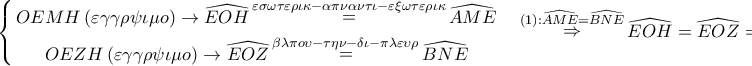 \displaystyle{ 
\left\{ \begin{gathered} 
  OEMH\left( {\varepsilon \gamma \gamma \rho \psi \iota \mu o} \right) \to \widehat{EOH}\mathop  = \limits^{\varepsilon \sigma \omega \tau \varepsilon \rho \iota \kappa  - \alpha \pi \nu \alpha \nu \tau \iota  - \varepsilon \xi \omega \tau \varepsilon \rho \iota \kappa } \widehat{AME} \\  
  OEZH\left( {\varepsilon \gamma \gamma \rho \psi \iota \mu o} \right) \to \widehat{EOZ}\mathop  = \limits^{\beta \lambda \pi o\upsilon  - \tau \eta \nu  - \delta \iota  - \pi \lambda \varepsilon \upsilon \rho } \widehat{BNE} \\  
\end{gathered}  \right.\quad \mathop  \Rightarrow \limits^{\left( 1 \right):\widehat{AME} = \widehat{BNE}} \widehat{EOH} = \widehat{EOZ} \Rightarrow  
}