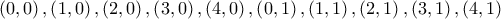 \displaystyle{ 
\left( 0,0 \right) , \left( 1,0 \right) ,\left( 2,0 \right) , \left( 3,0 \right) ,\left( 4,0 \right) ,\left( 0,1 \right) , \left( 1,1 \right) ,\left( 2,1 \right) , \left( 3,1 \right) ,\left( 4,1 \right) 
}